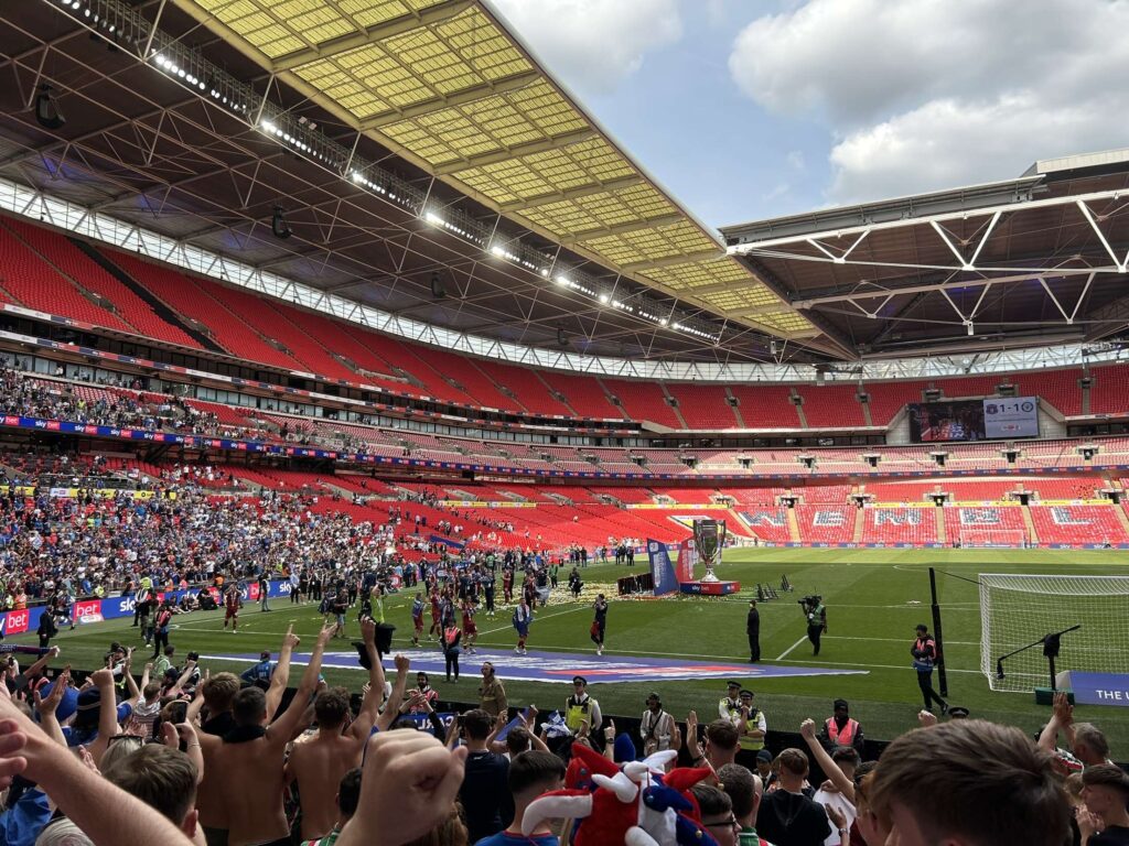 Carlisle United celebrating their League Two playoff final success at Wembley