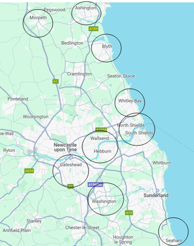 Each town circled on this map contains a non-team- Screenshot of North East England on Google Maps