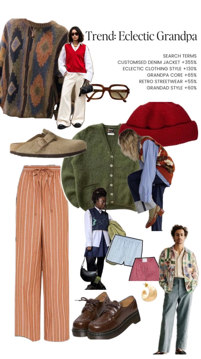 trend: Eclectic Grandpa. Collage on how to achieve the aesthetic.